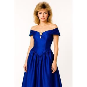 1980s Royal Blue Off-Shoulder Satin Evening Gown w/ Pearl Brooch ILGWU USA XS